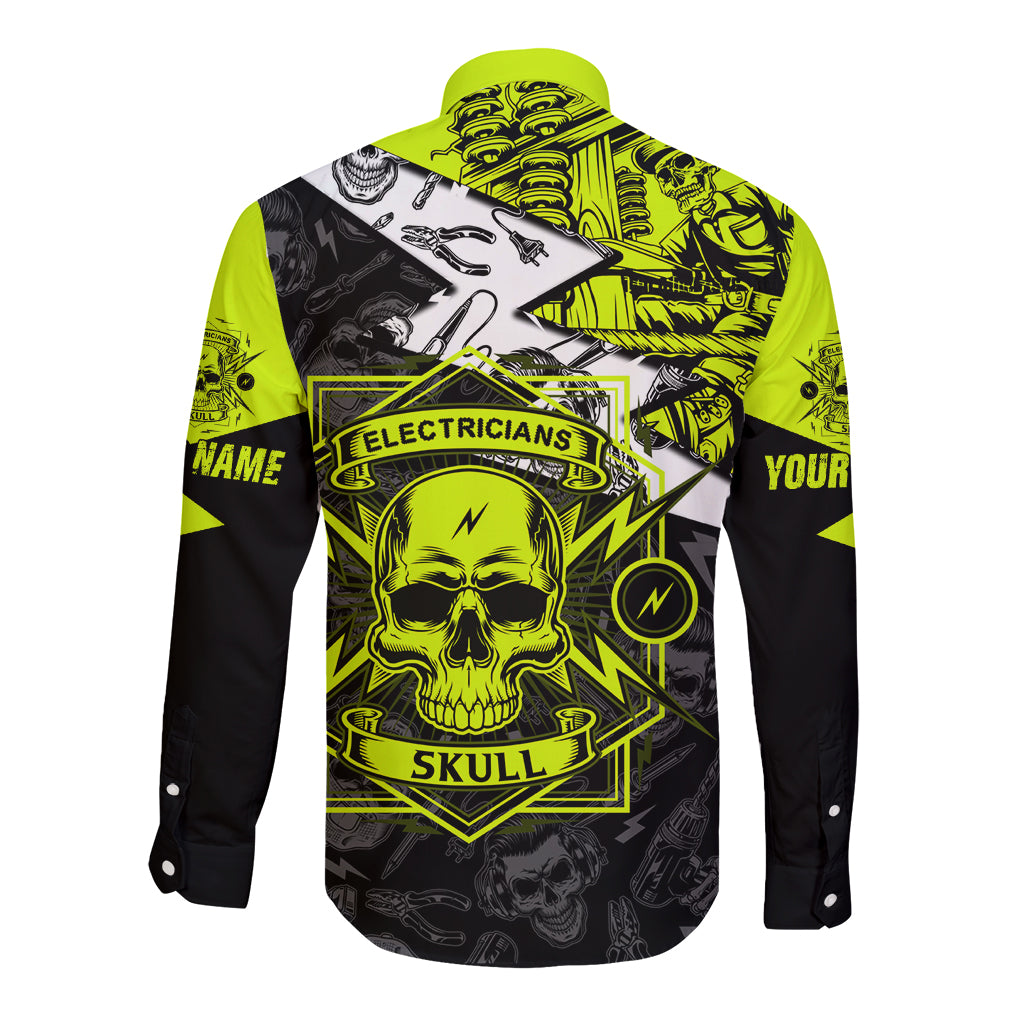Long-sleeve button shirt in black with neon green electricians skull graphic on front