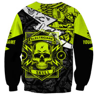 Crewneck electricians skull sweatshirt, black body with neon green sleeves and back graphic