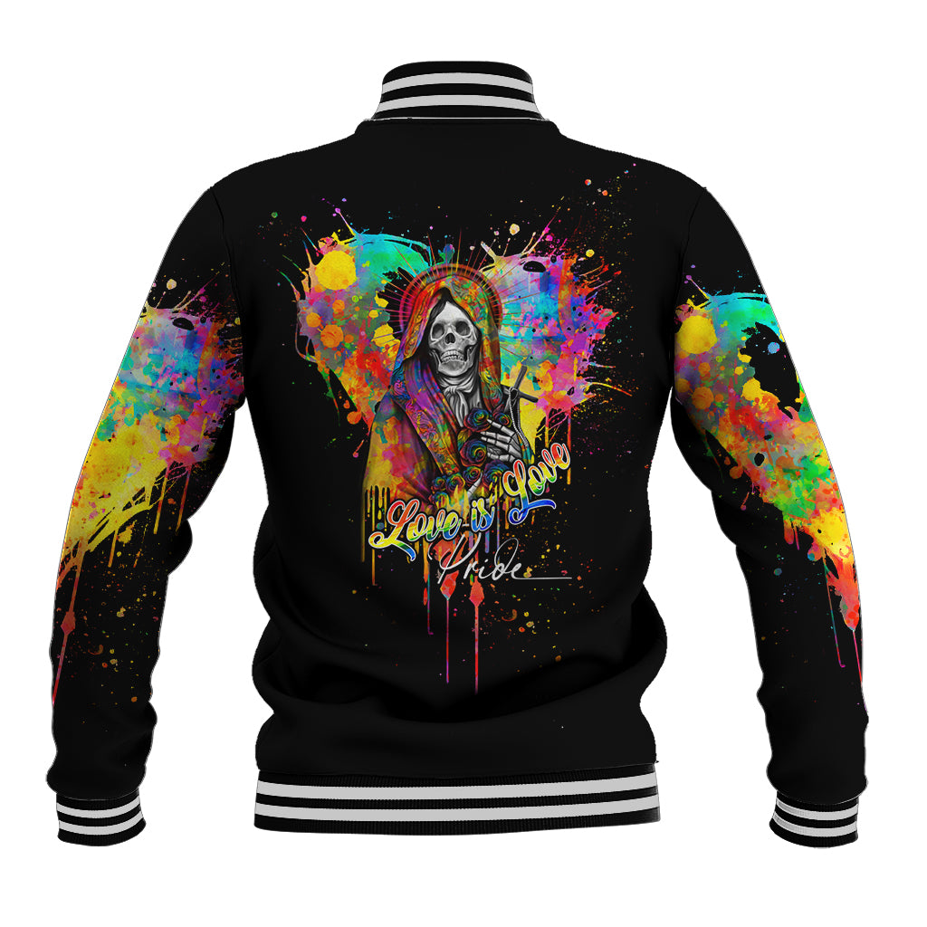 Unisex black baseball jacket with back skull pride graphic and Love is Love text, striped