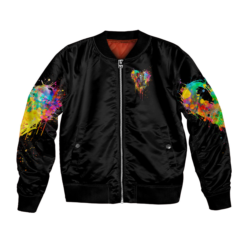 Unisex black bomber jacket with full-zip and colorful splatter sleeve prints