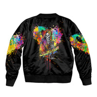 Unisex black bomber jacket with back graphic and colorful splatter sleeve prints