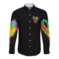 Unisex black long-sleeve button-up shirt with colorful heart graphic on chest