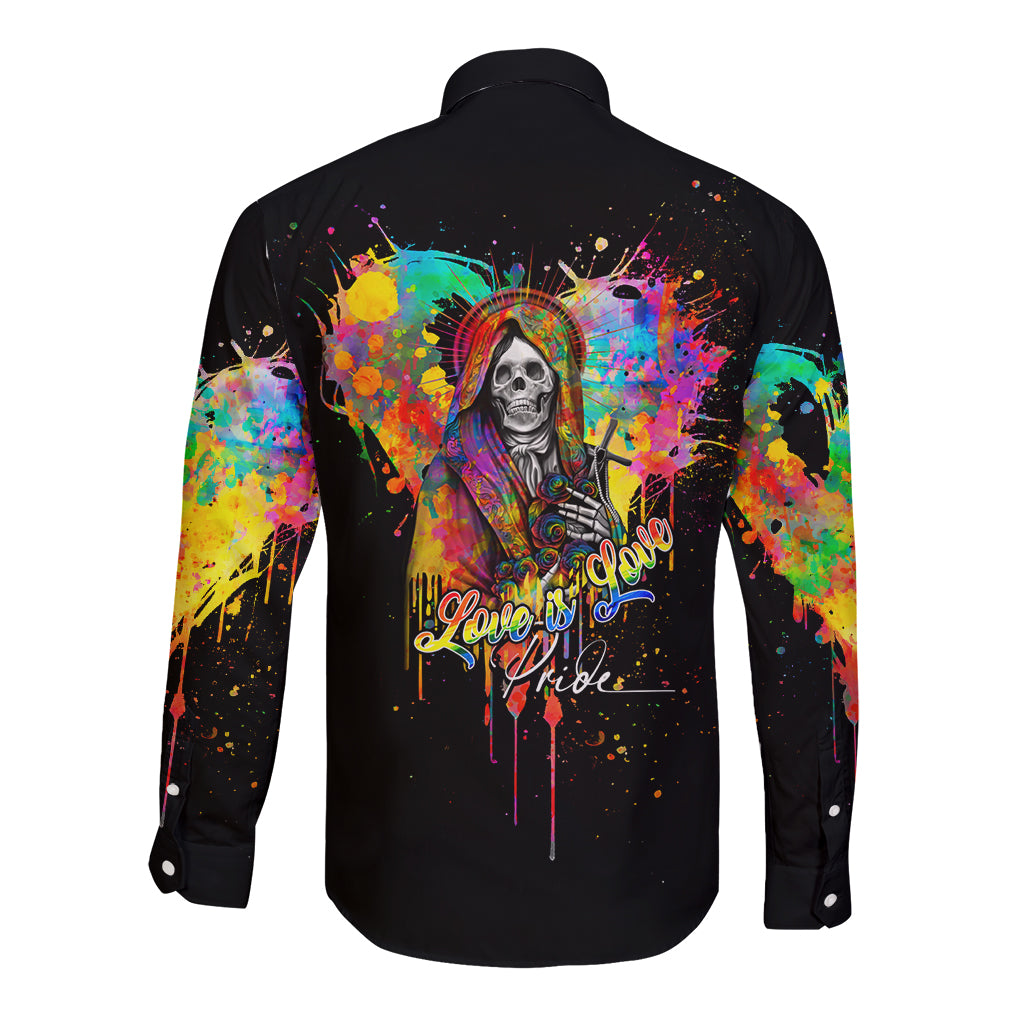 Unisex black long-sleeve button-up shirt with colorful back design and Love Is Love Pride text