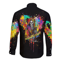 Unisex black long-sleeve button-up shirt with colorful back design and Love Is Love Pride text