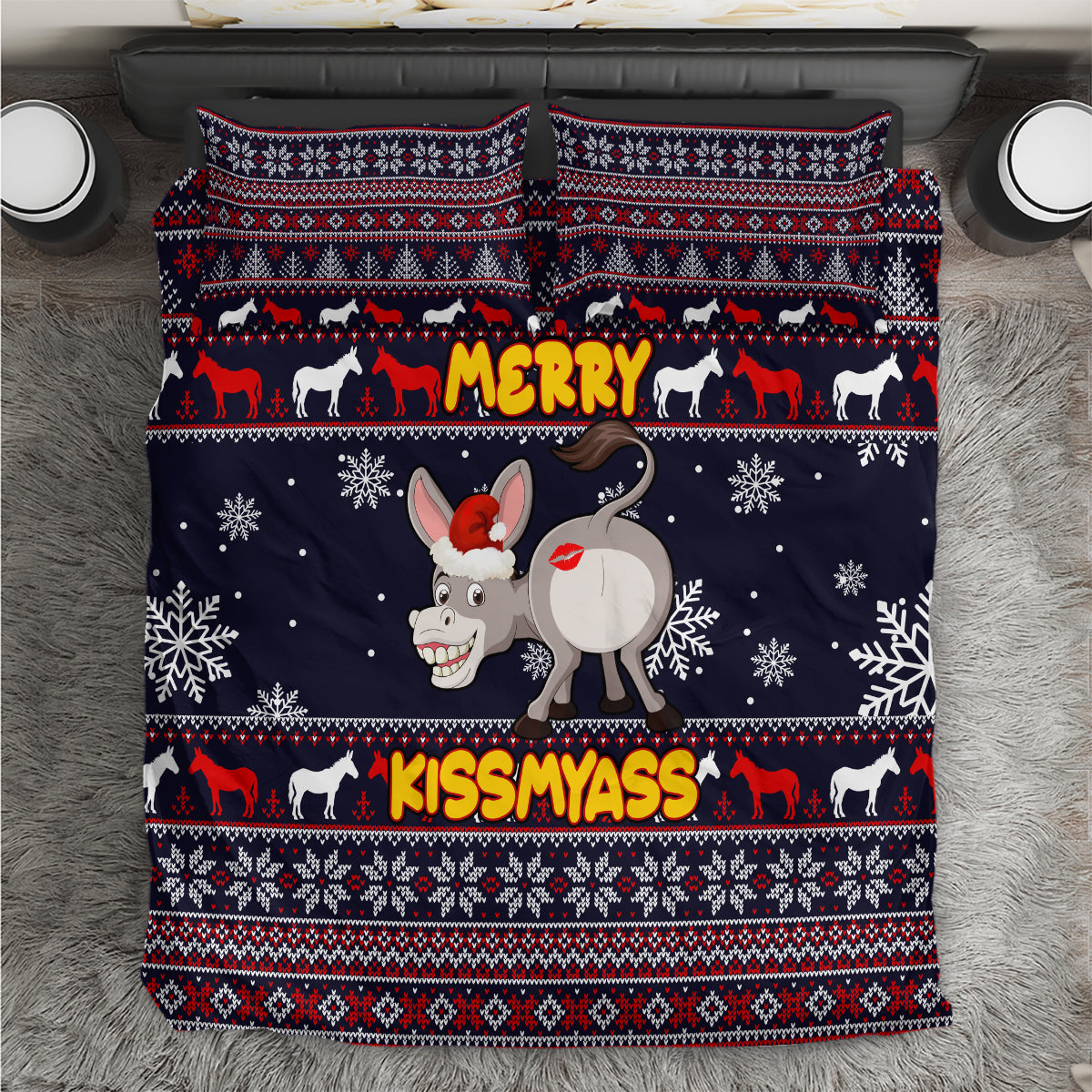 Navy Christmas bedding set with donkey graphic, 'MERRY' and 'KISSMYASS' text, pillowcases