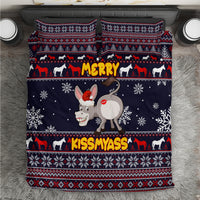 Navy Christmas bedding set with donkey graphic, 'MERRY' and 'KISSMYASS' text, pillowcases