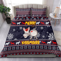 Navy Christmas bedding set featuring donkey cartoon, 'MERRY' and 'KISSMYASS' banner, on bed