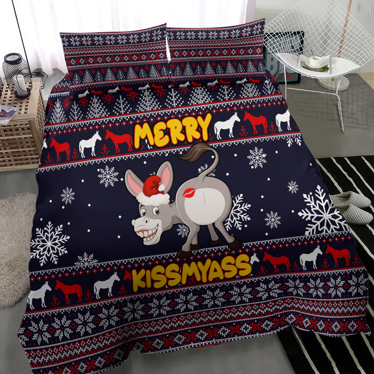 Navy Christmas bedding set with donkey cartoon and snowflakes, 'MERRY' and 'KISSMYASS' text