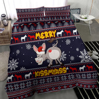 Navy Christmas bedding set with donkey cartoon and snowflakes, 'MERRY' and 'KISSMYASS' text
