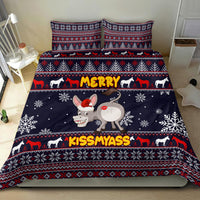 Navy Christmas bedding set with donkey artwork, snowflake pattern, 'MERRY' and 'KISSMYASS' border