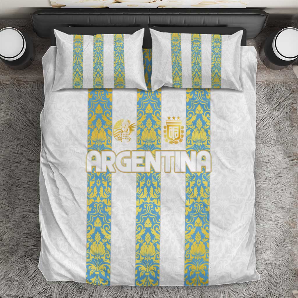 White bedding set with sky-blue vertical stripes and 'ARGENTINA' text on duvet