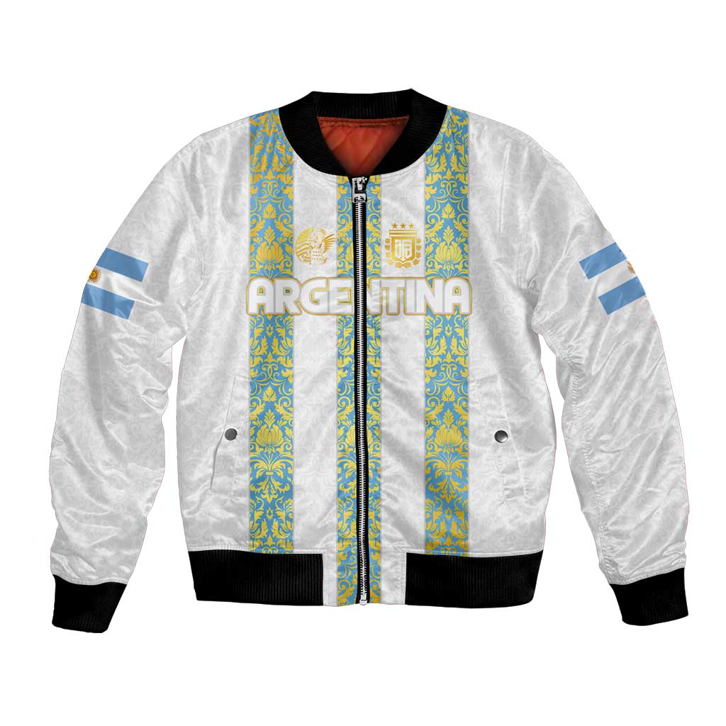 White bomber jacket with sky-blue vertical stripe front, zip, and black ribbed cuffs