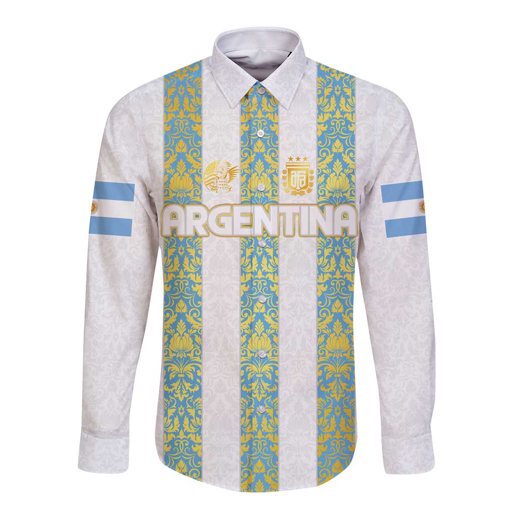 Long-sleeve football button shirt, white sleeves with sky-blue stripe front and Argentina text