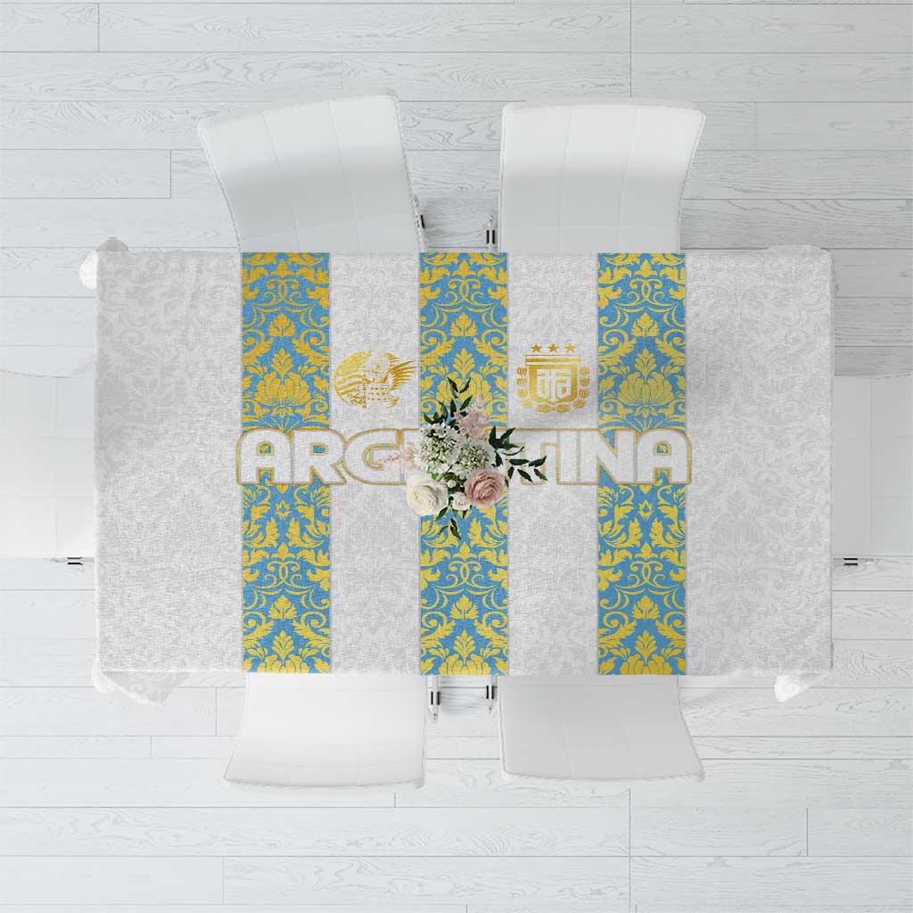 Argentina football-themed tablecloth in white with sky-blue and yellow patterned runner bands