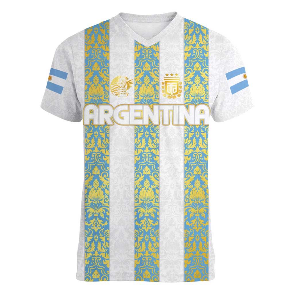 Argentina Football 2024 Women V-Neck T-Shirt The White and Sky Blue - Wonder Print Shop