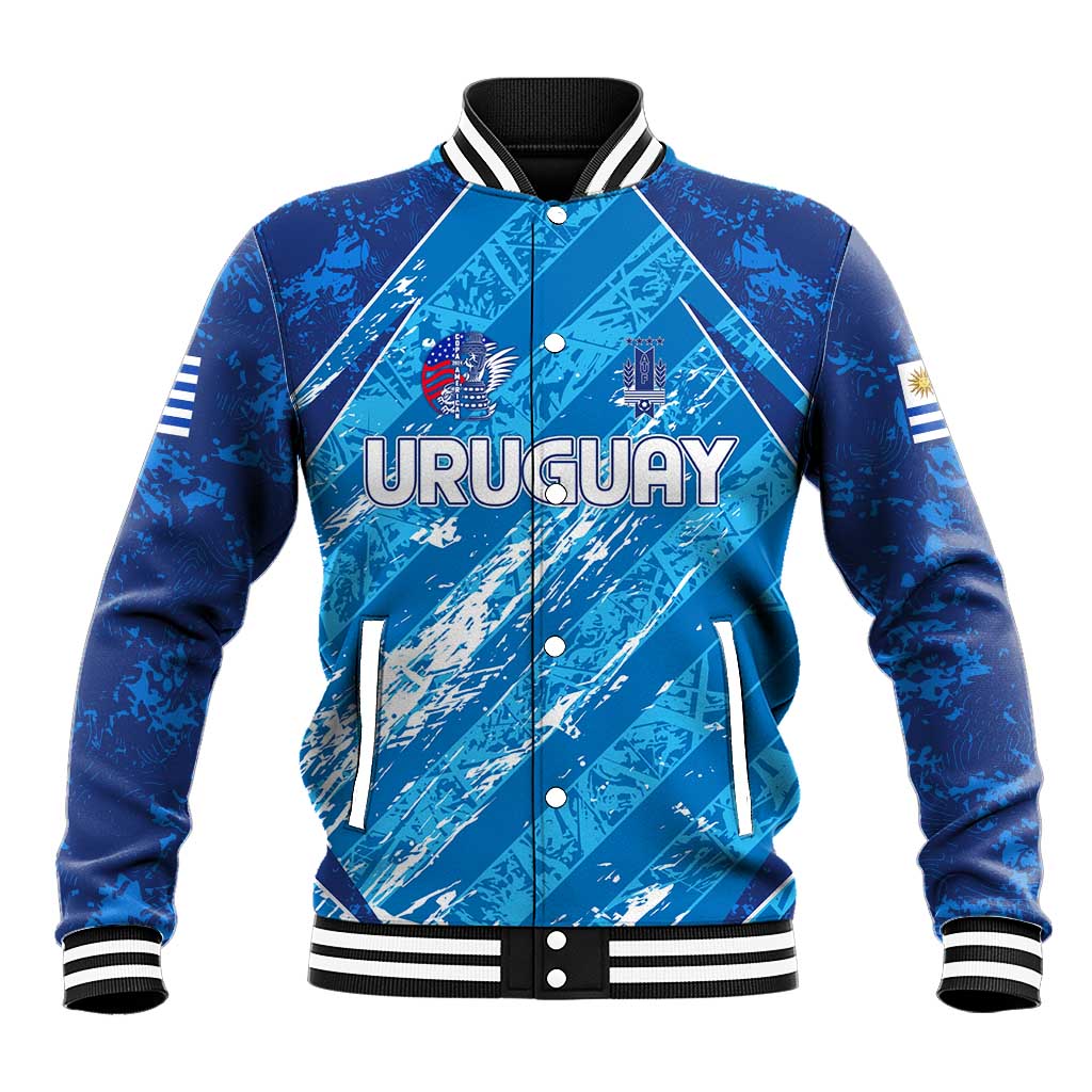 Blue Uruguay baseball jacket with snap buttons, striped collar and cuffs