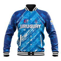 Blue Uruguay baseball jacket with snap buttons, striped collar and cuffs
