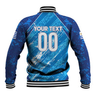 Blue baseball jacket back with large '00' print, striped ribbed collar and hem