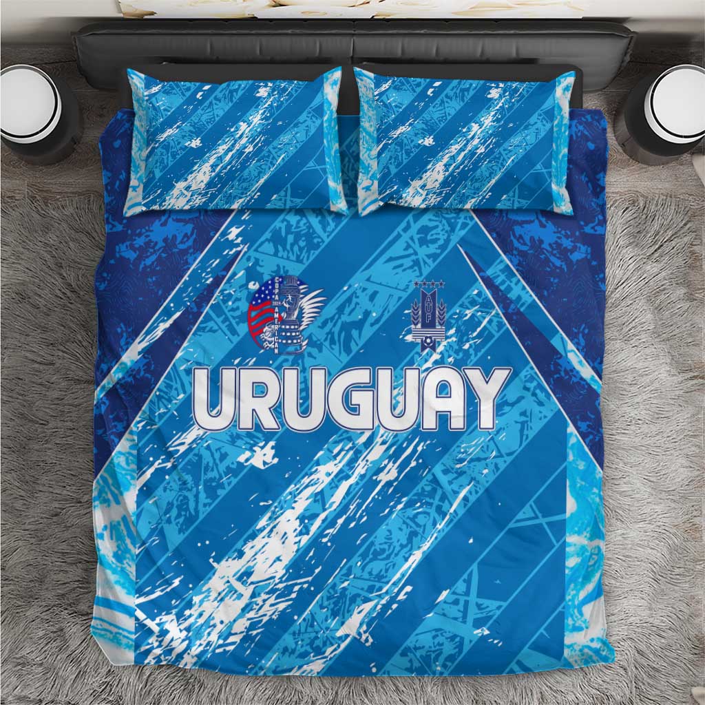 Sky blue Uruguay bedding set with URUGUAY logo on duvet and two pillowcases