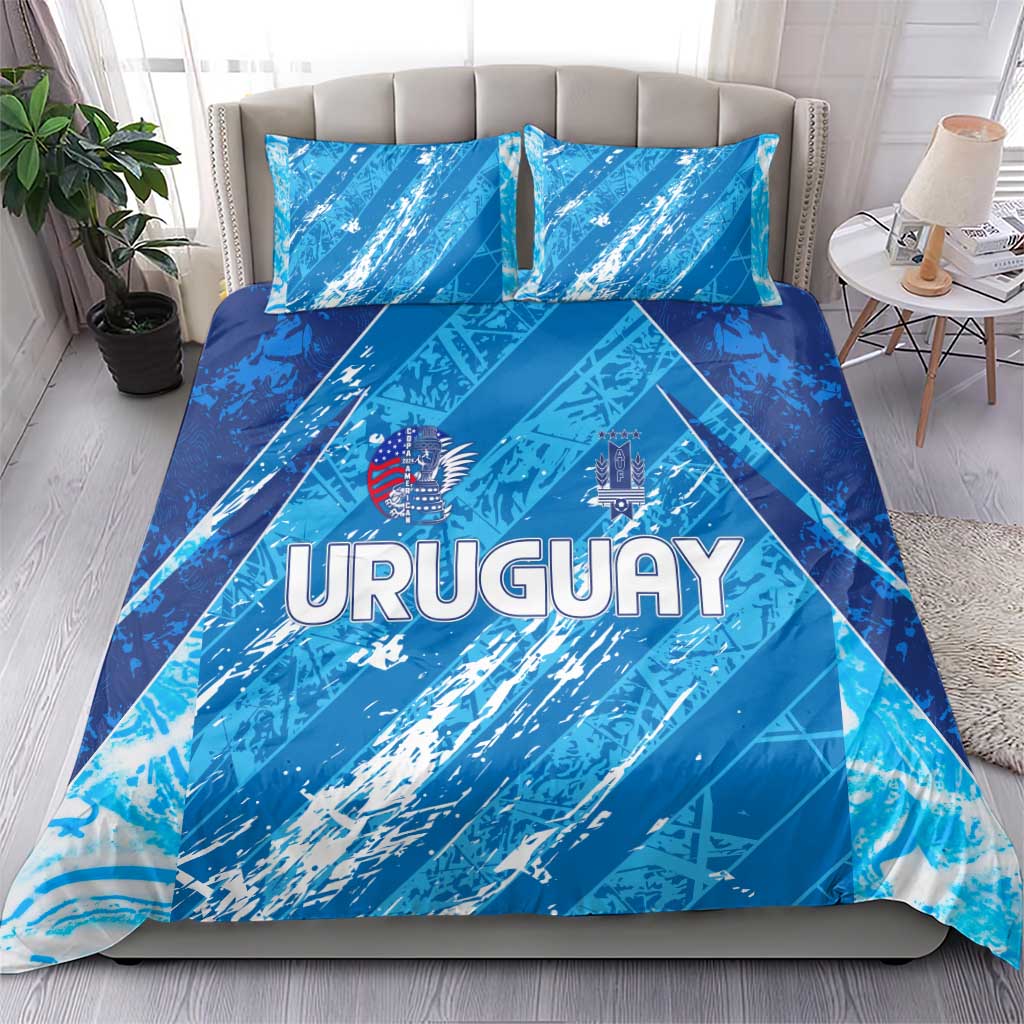 Sky blue Uruguay football bedding set with crest and URUGUAY lettering on duvet, two pillowcases