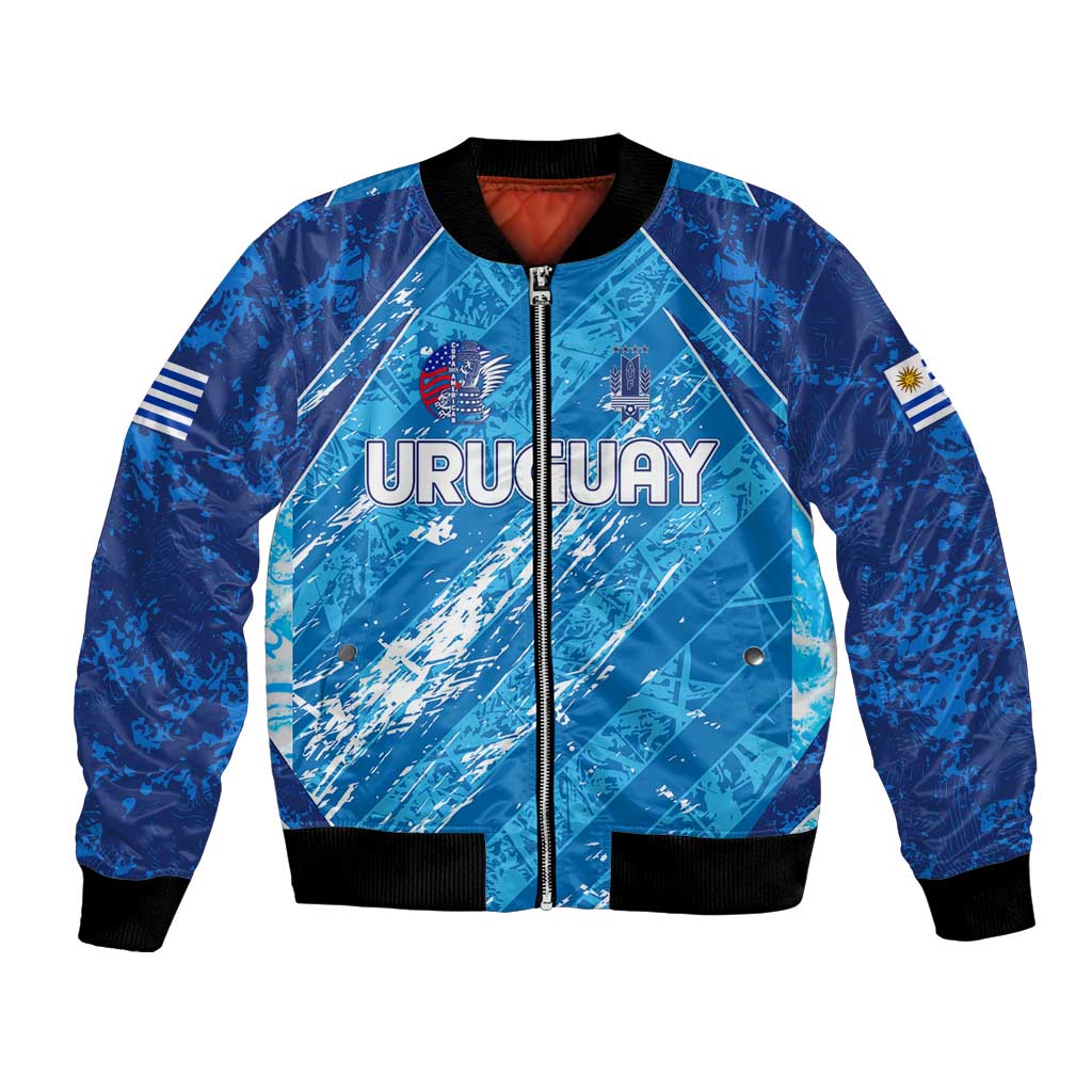 Blue unisex bomber jacket, full-zip front, ribbed cuffs, wing emblem and side stripes