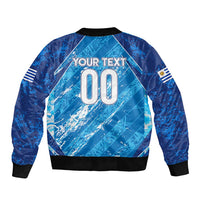 Blue bomber jacket back, large number 00 graphic, white sleeve stripes, ribbed hem