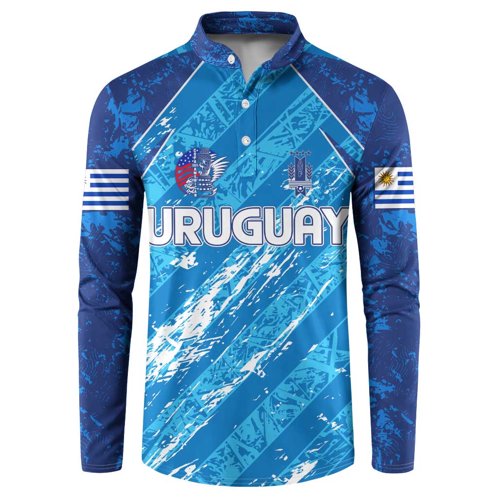 Blue button-front football sweatshirt with Uruguay graphic, collared neck and long sleeves