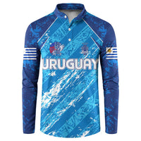 Blue button-front football sweatshirt with Uruguay graphic, collared neck and long sleeves