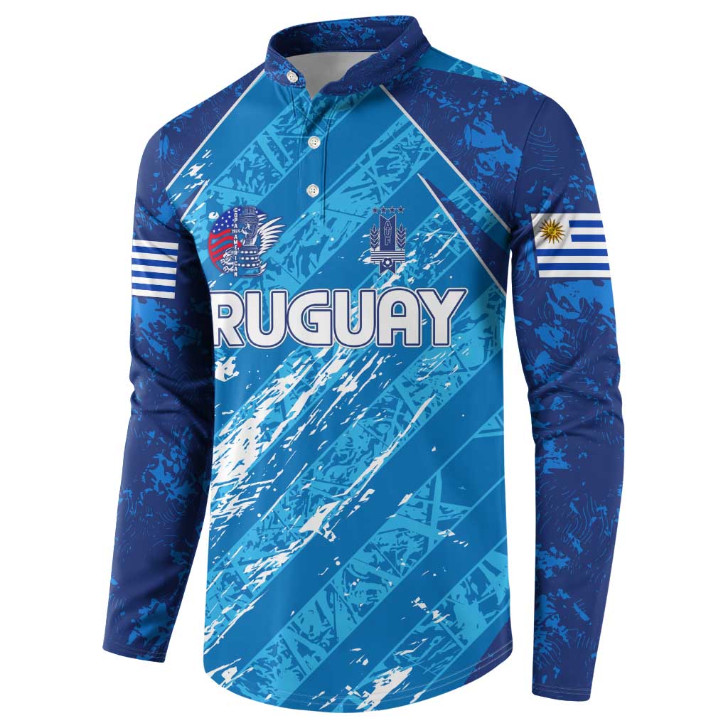 Blue button-front football sweatshirt with Uruguay front graphic and collared neck