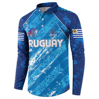 Blue button-front football sweatshirt with Uruguay front graphic and collared neck
