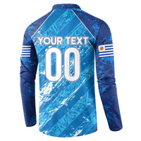 Blue button-front football sweatshirt back with "YOUR TEXT 00" and striped sleeve bands