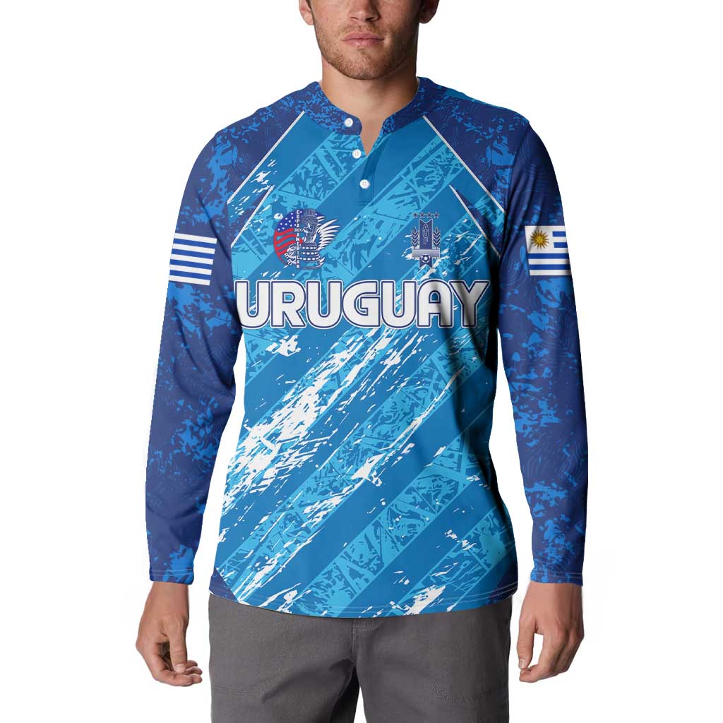 Blue button-front football sweatshirt with Uruguay chest text and striped sleeves