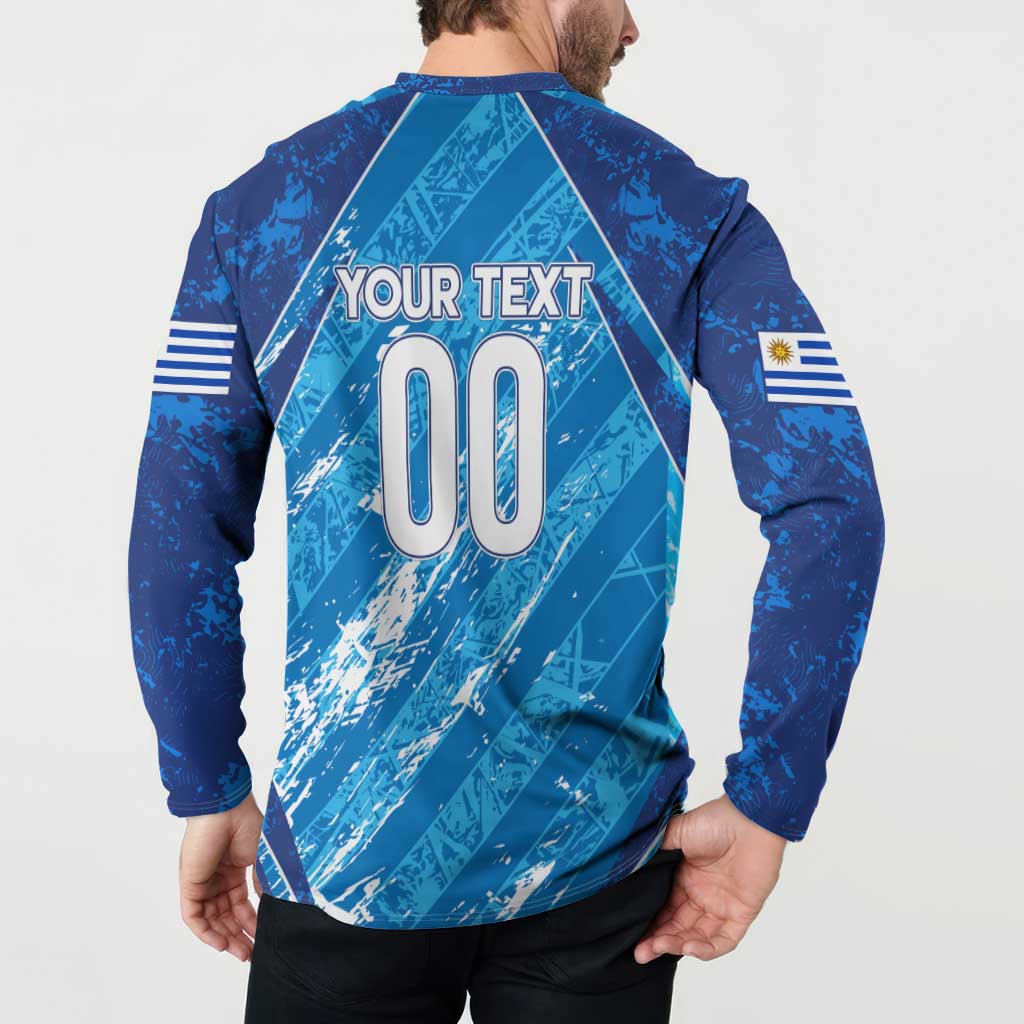 Blue button-front football sweatshirt back view with "YOUR TEXT 00" and striped sleeves