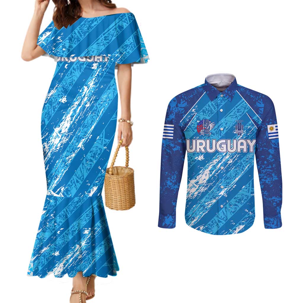 Uruguay Football 2024 Couples Matching Mermaid Dress and Long Sleeve Button Shirt The Sky Blue