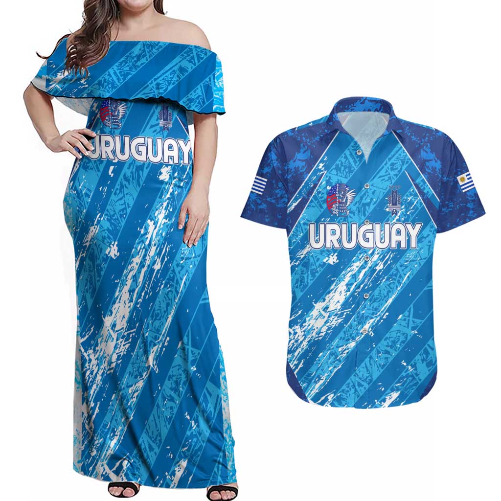 Uruguay Football 2024 Couples Matching Off Shoulder Maxi Dress and Hawaiian Shirt The Sky Blue - Wonder Print Shop