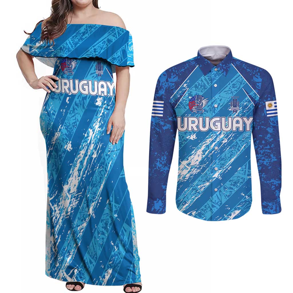 Uruguay Football 2024 Couples Matching Off Shoulder Maxi Dress and Long Sleeve Button Shirt The Sky Blue - Wonder Print Shop