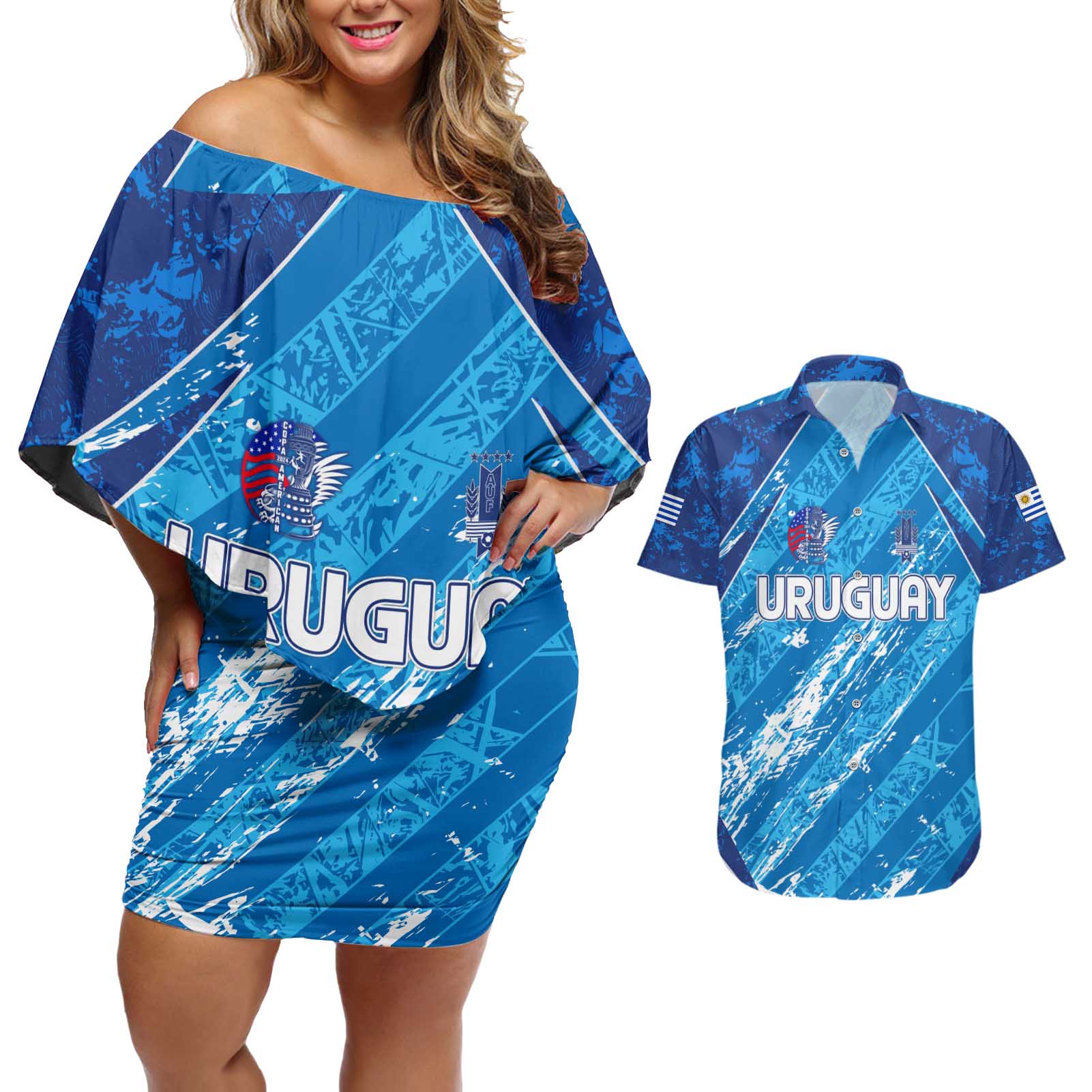 Uruguay Football 2024 Couples Matching Off Shoulder Short Dress and Hawaiian Shirt The Sky Blue - Wonder Print Shop