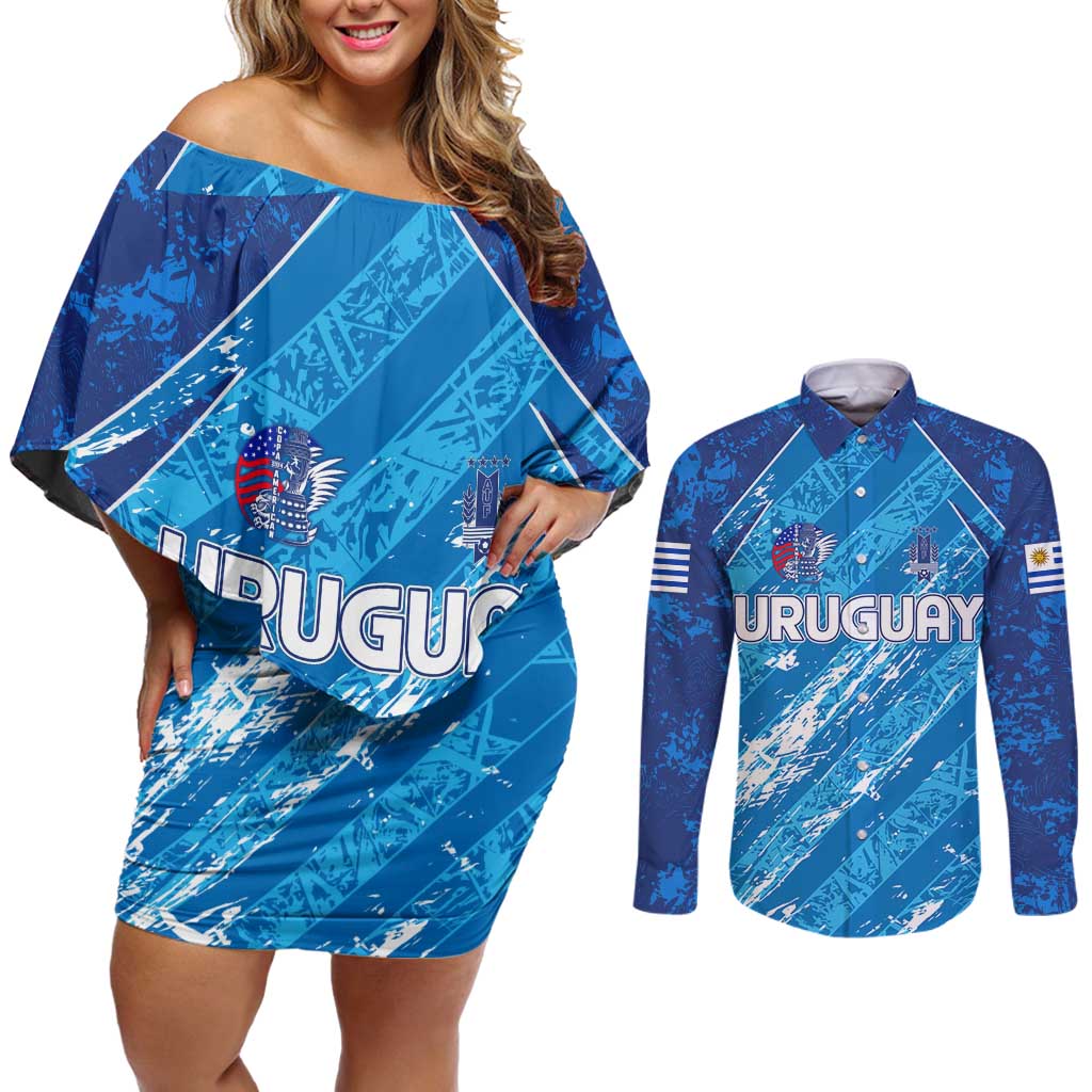 Uruguay Football 2024 Couples Matching Off Shoulder Short Dress and Long Sleeve Button Shirt The Sky Blue - Wonder Print Shop