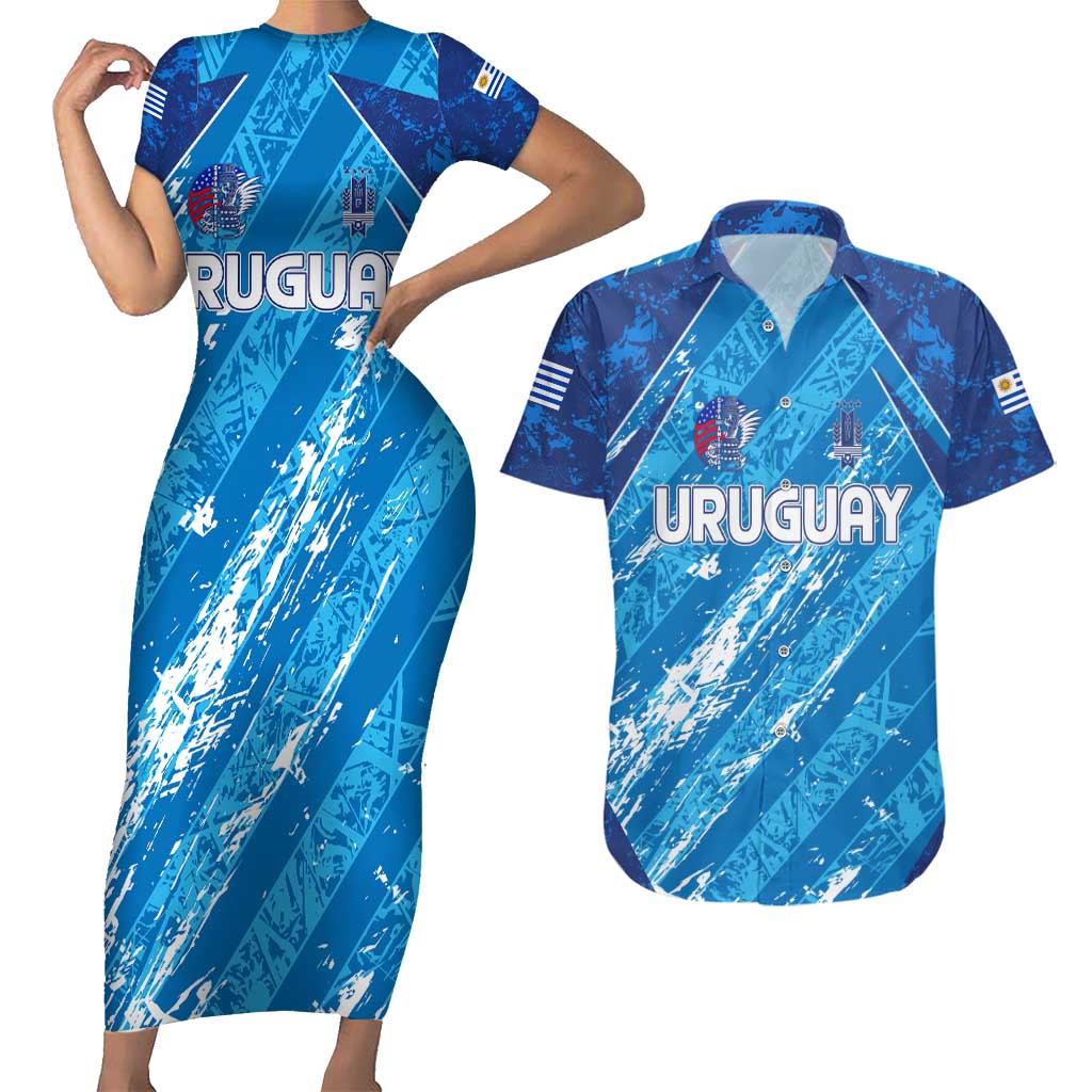 Uruguay Football 2024 Couples Matching Short Sleeve Bodycon Dress and Hawaiian Shirt The Sky Blue - Wonder Print Shop