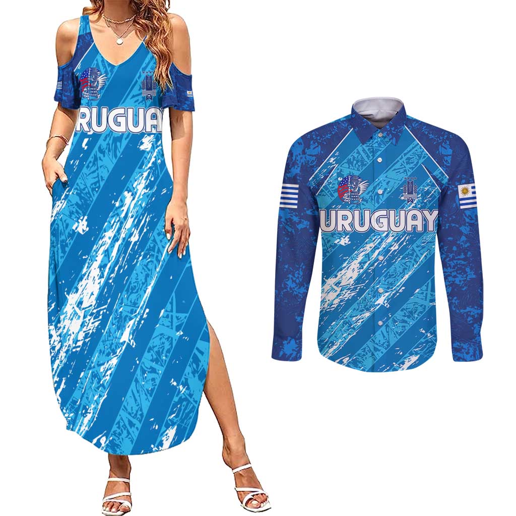 Uruguay Football 2024 Couples Matching Summer Maxi Dress and Long Sleeve Button Shirt The Sky Blue - Wonder Print Shop