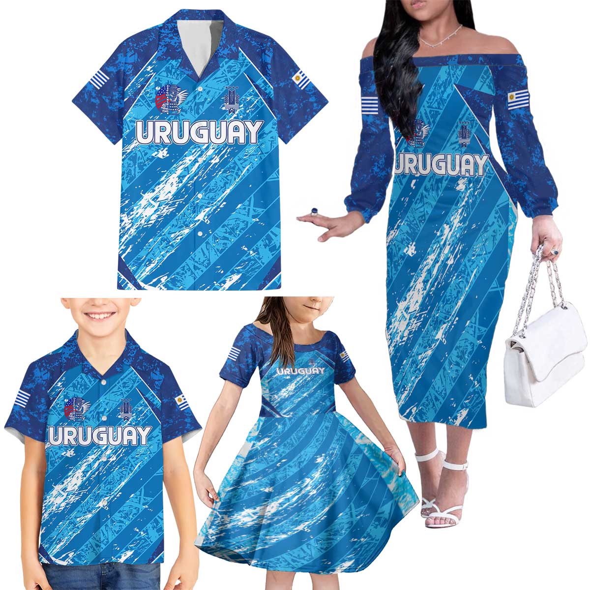 Uruguay Football 2024 Family Matching Off The Shoulder Long Sleeve Dress and Hawaiian Shirt The Sky Blue - Wonder Print Shop