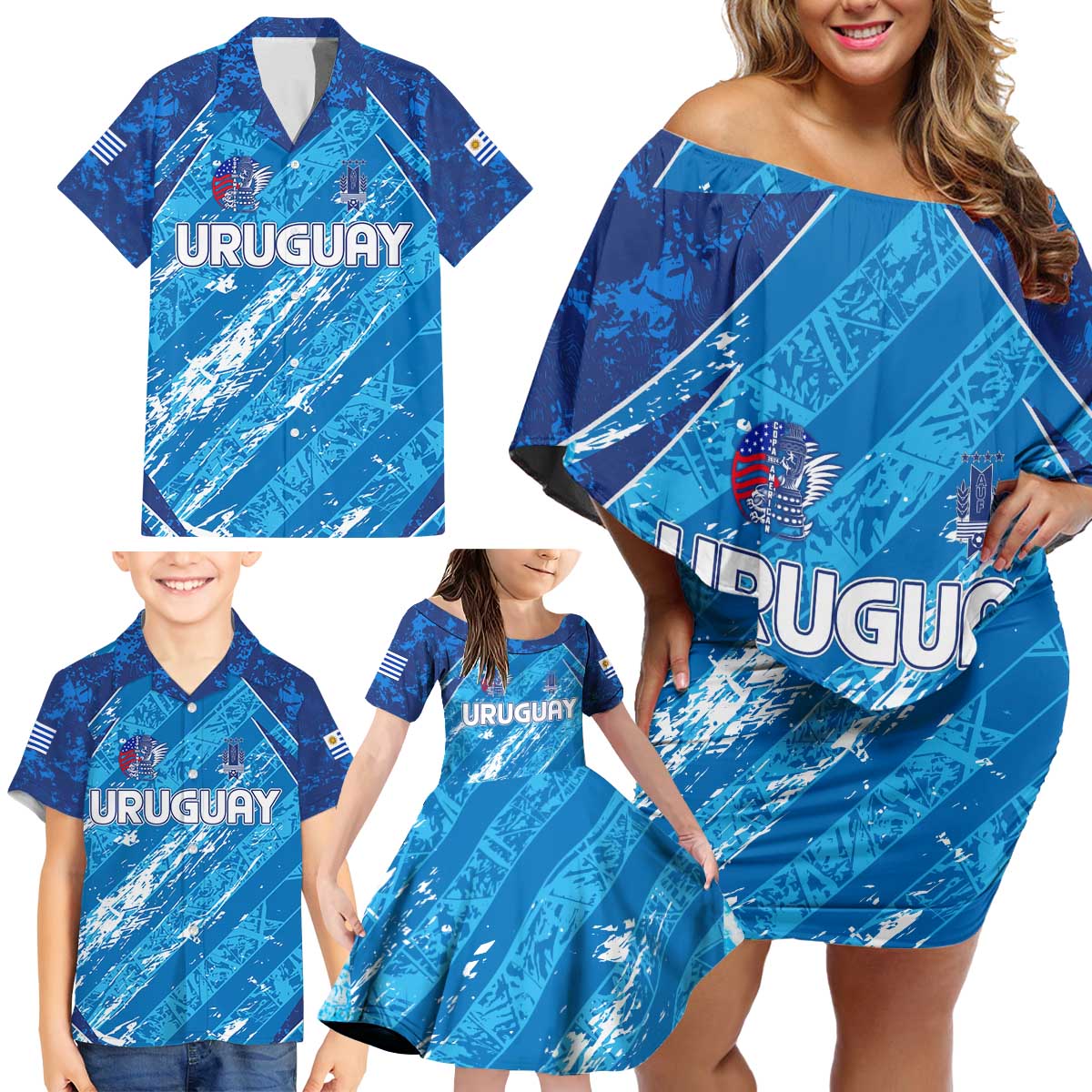 Uruguay Football 2024 Family Matching Off Shoulder Short Dress and Hawaiian Shirt The Sky Blue - Wonder Print Shop