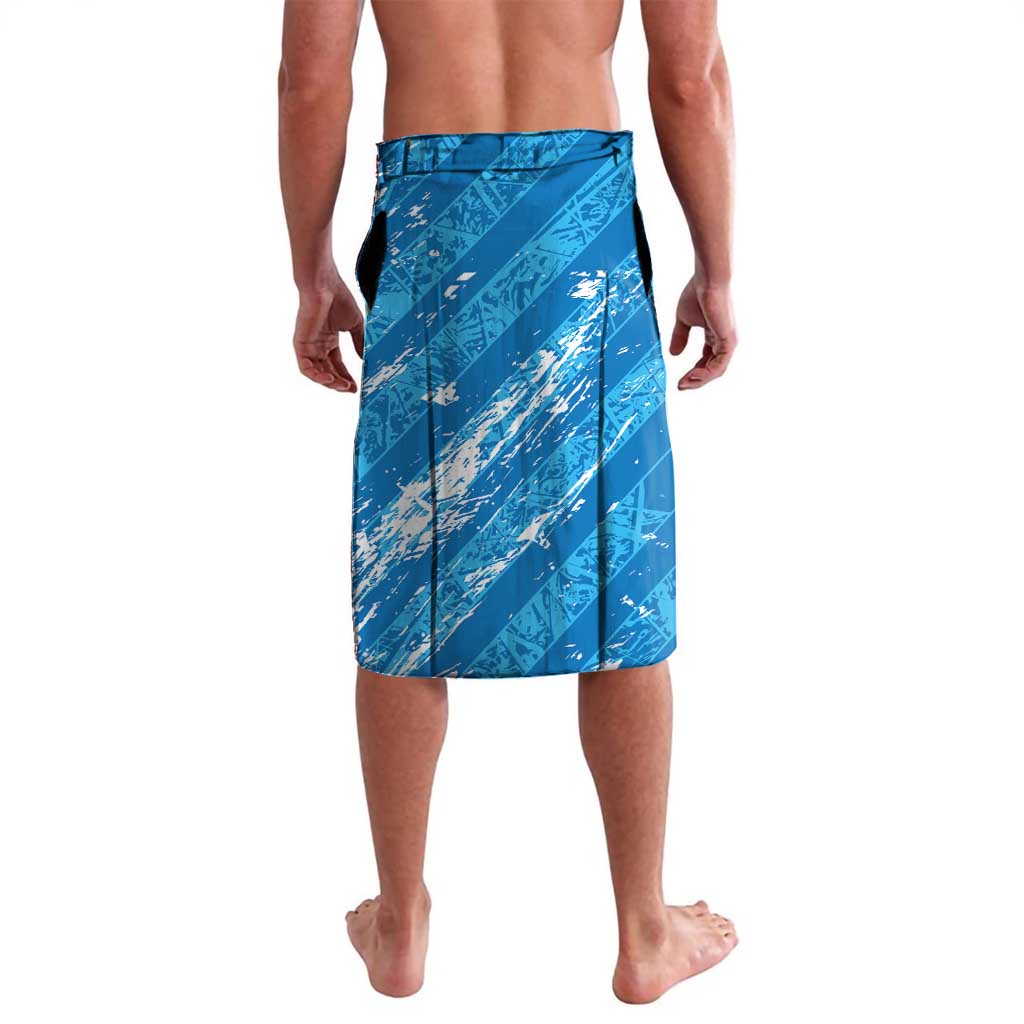 Men's blue football board shorts, back view with waistband drawstring
