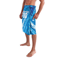 Men's blue wrap-style football board shorts with front graphic and number 00