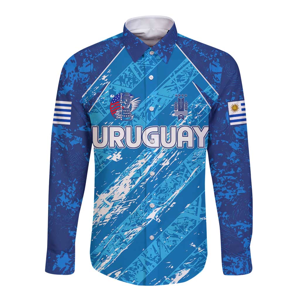 Blue Uruguay long-sleeve button football shirt with front crest and abstract flag graphics