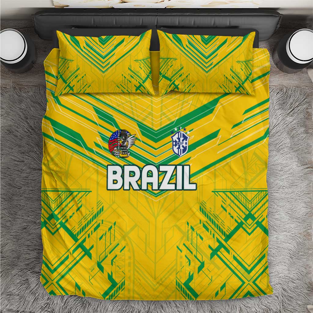 Brazil-themed bedding set in bright yellow with BRASIL logo and green geometric pattern