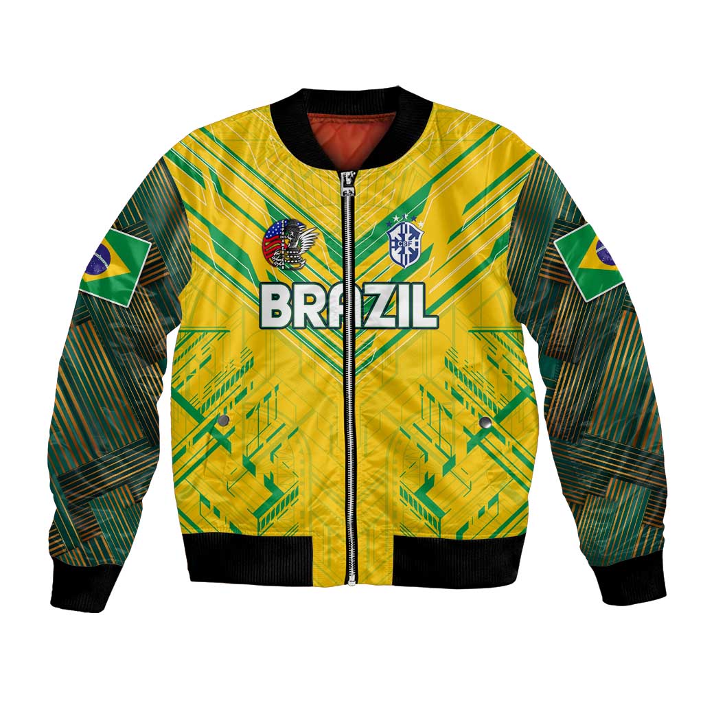 Brazil yellow bomber jacket with zipper, ribbed cuffs, BRASIL graphic and flag sleeve patches