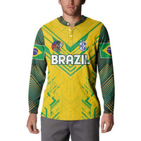Yellow Brazil football button sweatshirt with green sleeves and front BRAZIL crests