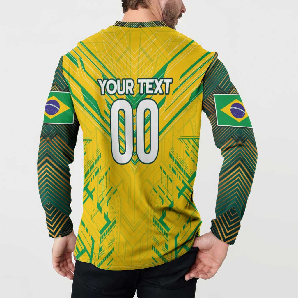Yellow Brazil football button sweatshirt back with YOUR TEXT 00 and flag-style sleeve