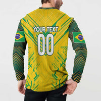 Yellow Brazil football button sweatshirt back with YOUR TEXT 00 and flag-style sleeve